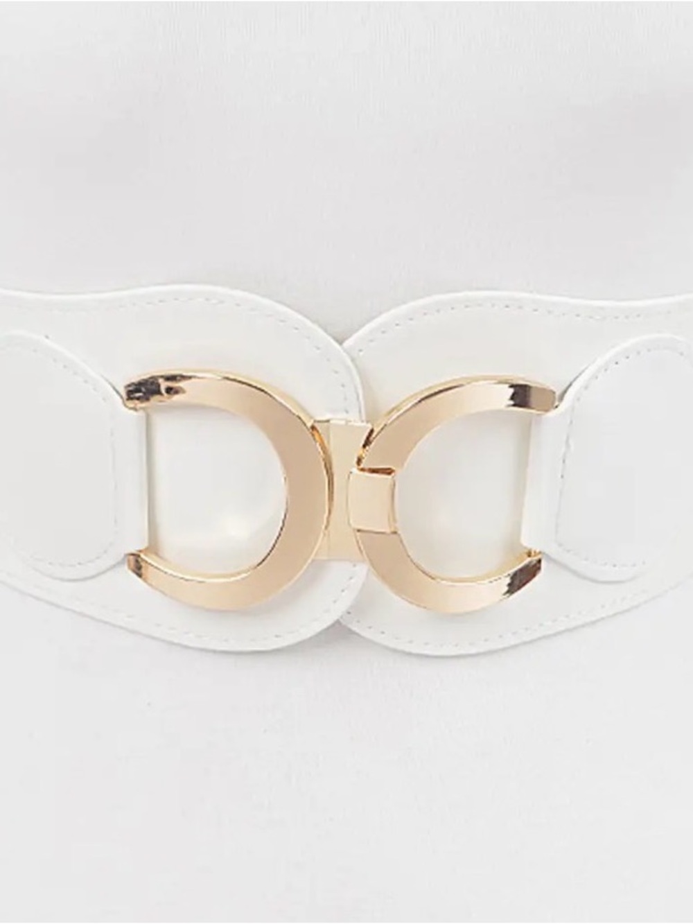 White Elastic Waist Belt with Gold Interlocking Buckle